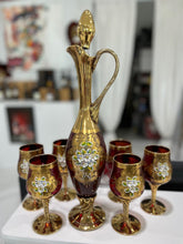 Load image into Gallery viewer, Beautiful Set of Enameled Stemware from Murano Including 6 Wineglasses and Decanter