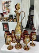 Load image into Gallery viewer, Beautiful Set of Enameled Stemware from Murano Including 6 Wineglasses and Decanter