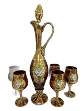 Load image into Gallery viewer, Beautiful Set of Enameled Stemware from Murano Including 6 Wineglasses and Decanter
