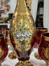 Load image into Gallery viewer, Beautiful Set of Enameled Stemware from Murano Including 6 Wineglasses and Decanter
