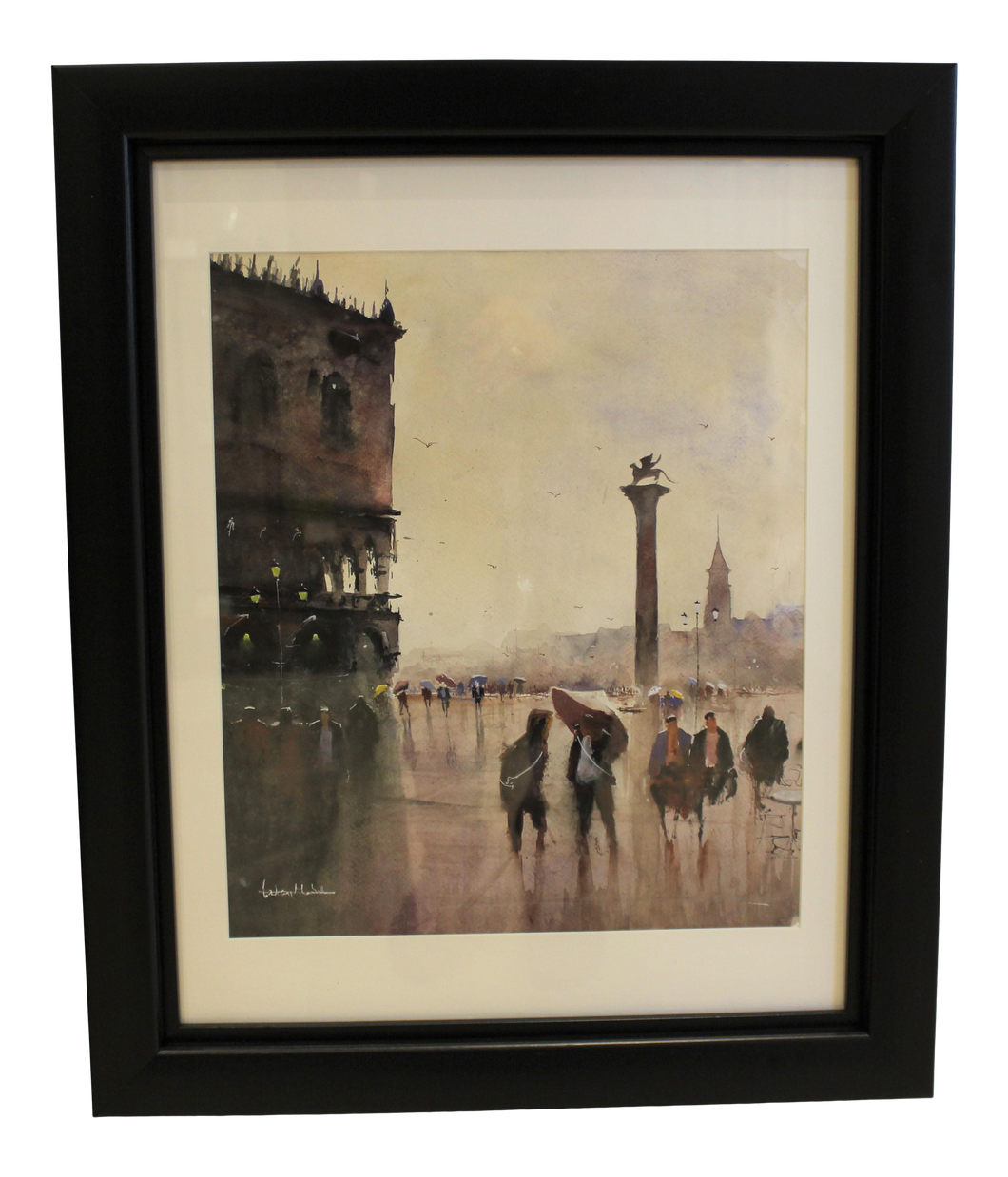 Contemporary Venetian Cityscape Watercolor Painting, Framed